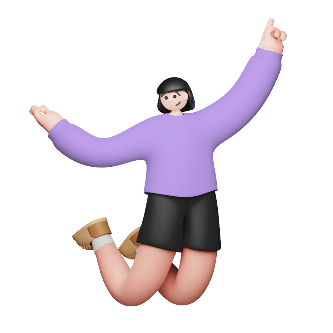 Ilustração de uma pessoa de cabelos preto e blusa lilás pulando e levantando os pés para trás!